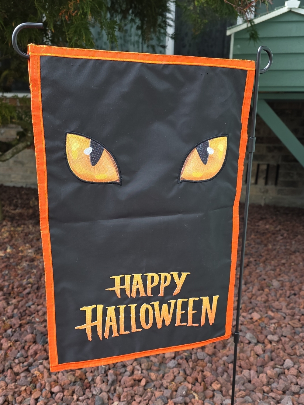 NWT Evergreen High Quality Outdoor Happy Halloween Black Cat Eyes Garden Flag